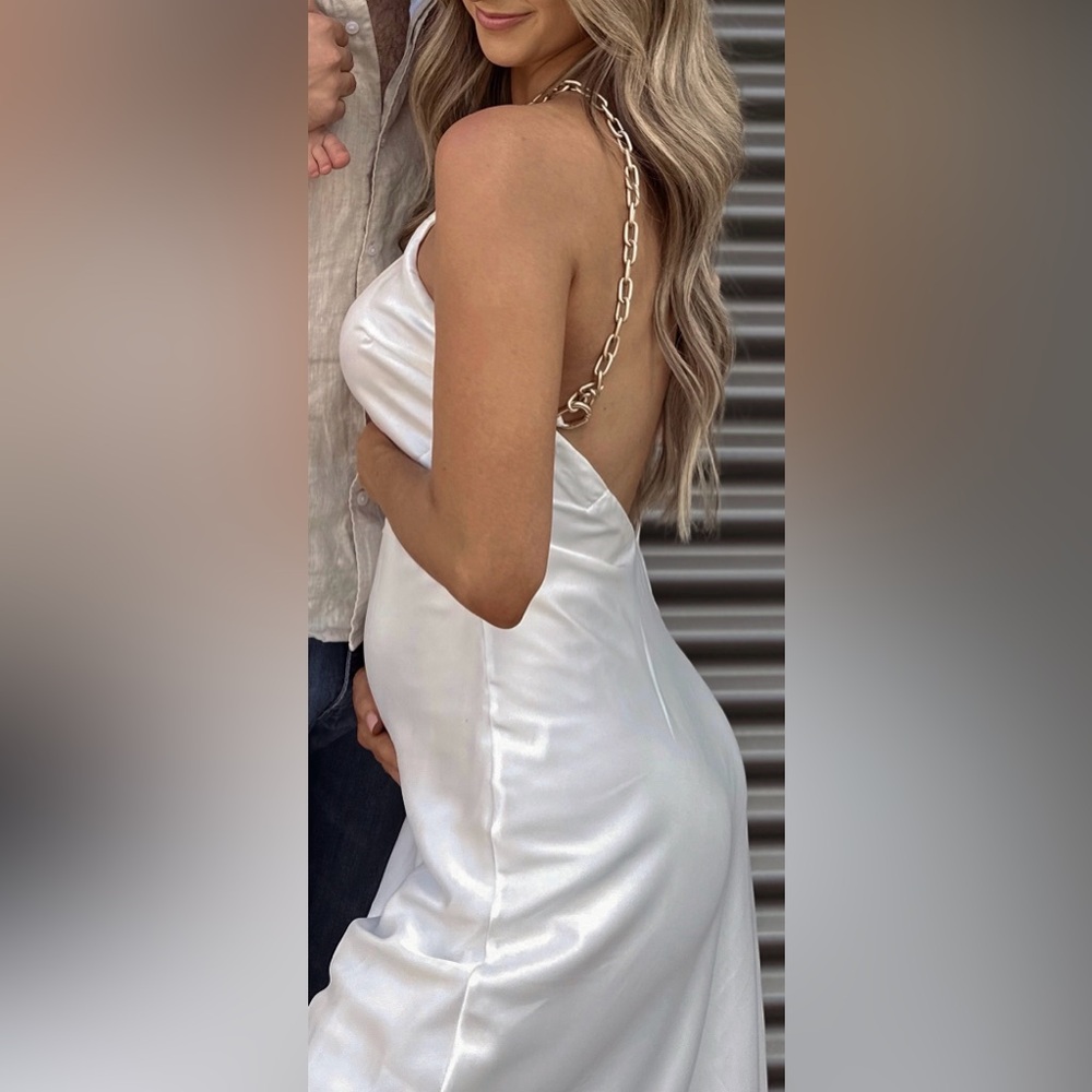 Elegant White Satin Dress with Chain Straps